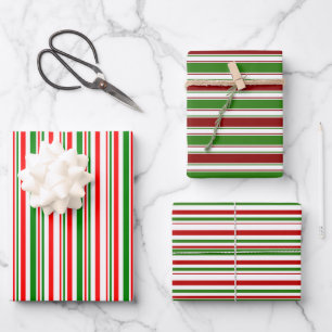 Red, White, Green Coloured Christmas-Style Stripes Wrapping Paper Sheet