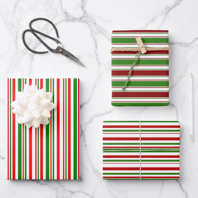 Red, White, Green Coloured Christmas-Style Stripes Wrapping Paper Sheet (Front)