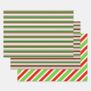 Red, White, Green Coloured Christmas Style Stripes Wrapping Paper Sheet