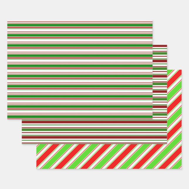 Red, White, Green Coloured Christmas Style Stripes Wrapping Paper Sheet (Set)