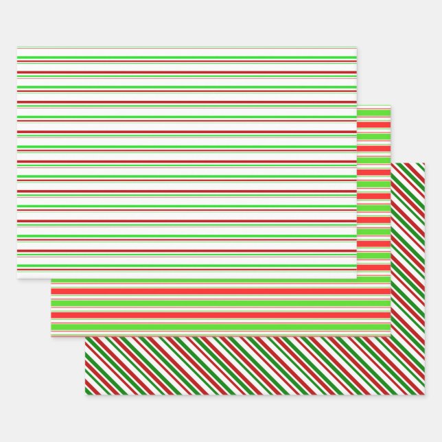 Red, White, Green Coloured Christmas-Style Stripes Wrapping Paper Sheet (Set)