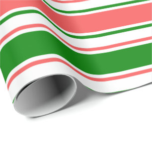 Red, White, Green Coloured Christmas Themed Lines Wrapping Paper