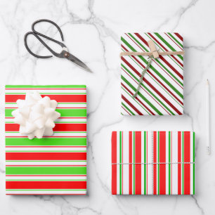Red, White, Green Coloured Christmas-Themed Lines Wrapping Paper Sheet