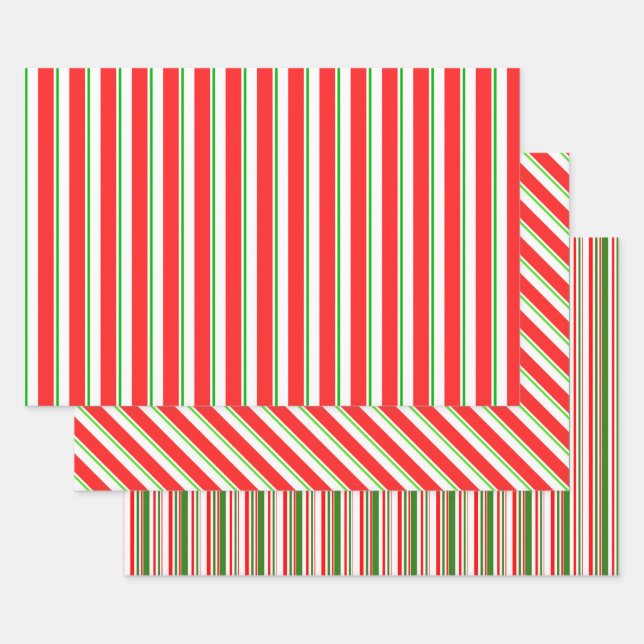 Red, White, Green Coloured Christmas Themed Lines Wrapping Paper Sheet (Set)