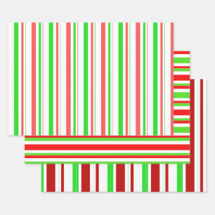 Red, White, Green Coloured Christmas Themed Lines Wrapping Paper Sheet