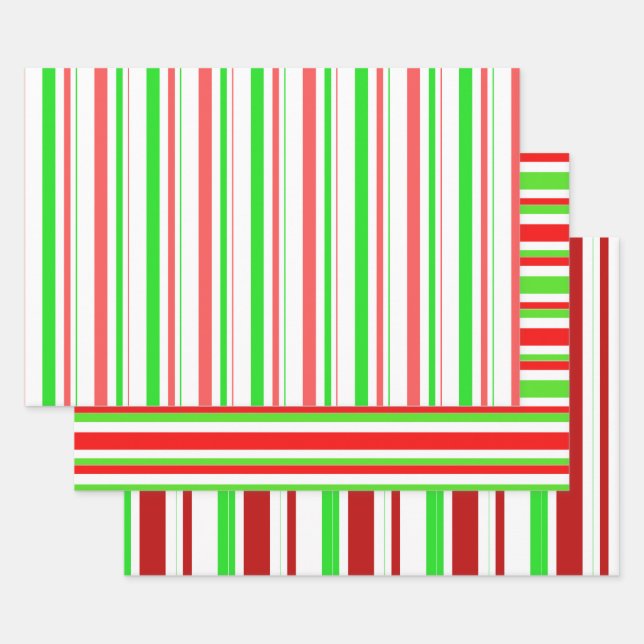 Red, White, Green Coloured Christmas Themed Lines Wrapping Paper Sheet (Set)