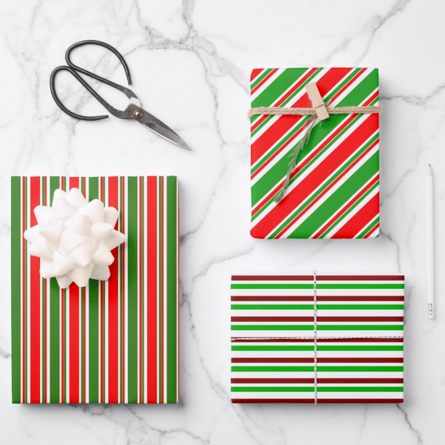 Red, White, Green Coloured Christmas Themed Lines Wrapping Paper Sheet (Front)