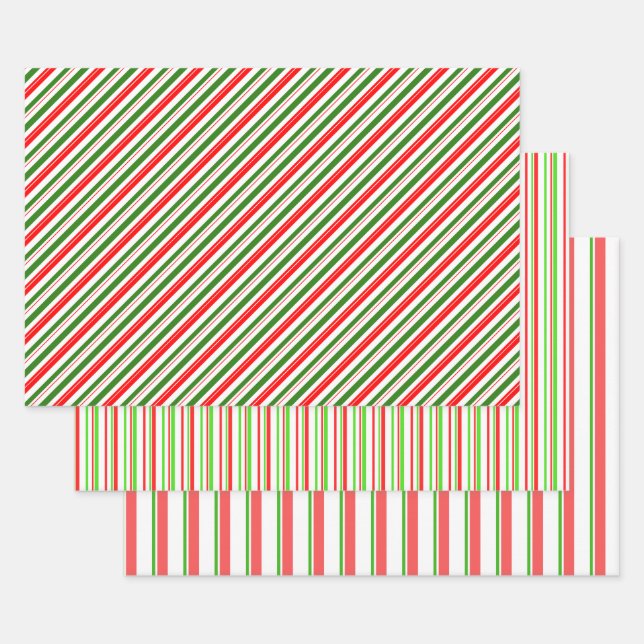 Red, White, Green Coloured Christmas Themed Lines Wrapping Paper Sheet (Set)