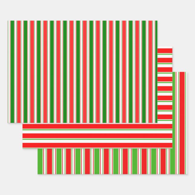 Red, White, Green Coloured Christmas-Themed Lines Wrapping Paper Sheet (Set)