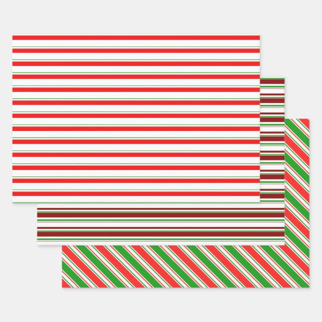 Red, White, Green Coloured Christmas Themed Lines Wrapping Paper Sheet (Set)