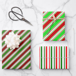 Red, White, Green Coloured Christmas Themed Lines Wrapping Paper Sheet