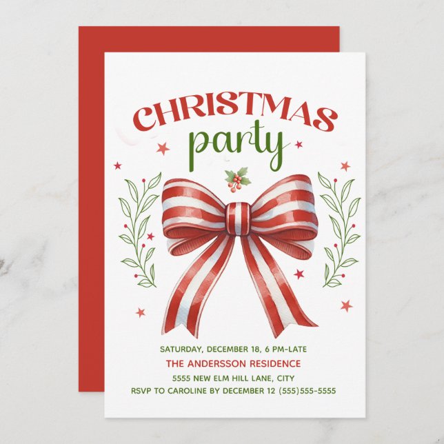 Red White Green Coquette Bow Christmas Party Invitation (Front/Back)