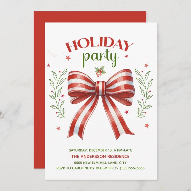 Red White Green Coquette Bow Holiday Party Invitation (Front/Back)