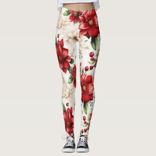 Red White Green Floral Patterns Elegant Large Chic Leggings