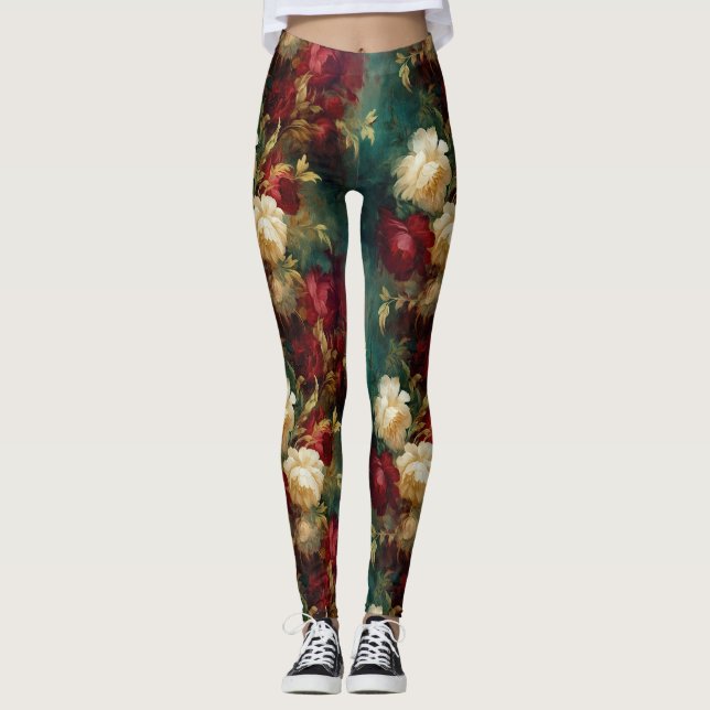 Red White Green Flowers Leggings (Front)