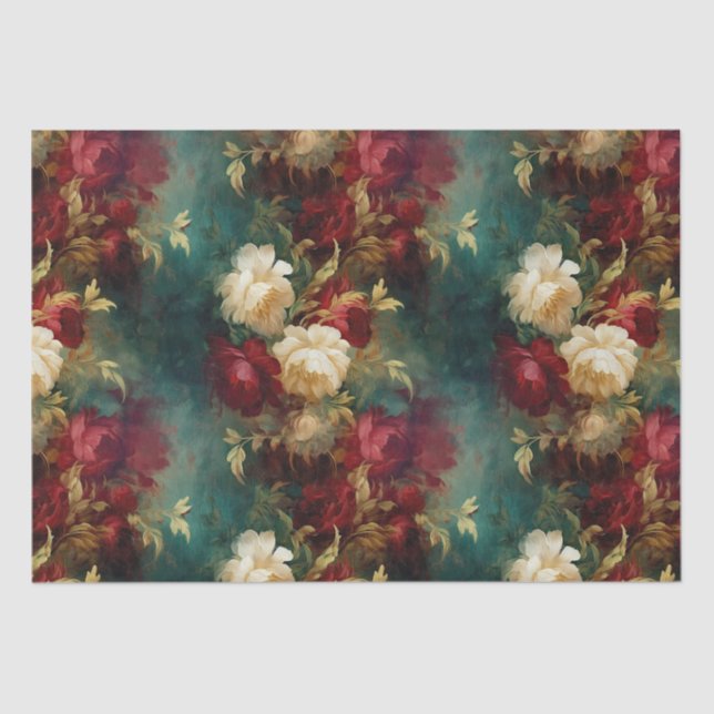 Red White Green Gold Flowers Tissue Paper (Front)