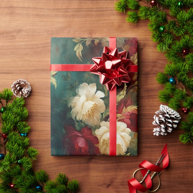 Red White Green Gold Flowers Wrapping Paper (Holiday Gift)