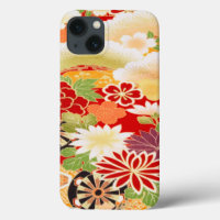 Red White Green Japanese Kimono Floral Flower