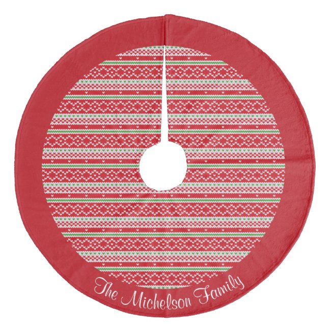 Red White Green Knit Sweater Pattern Personalised Fleece Tree Skirt (Front)