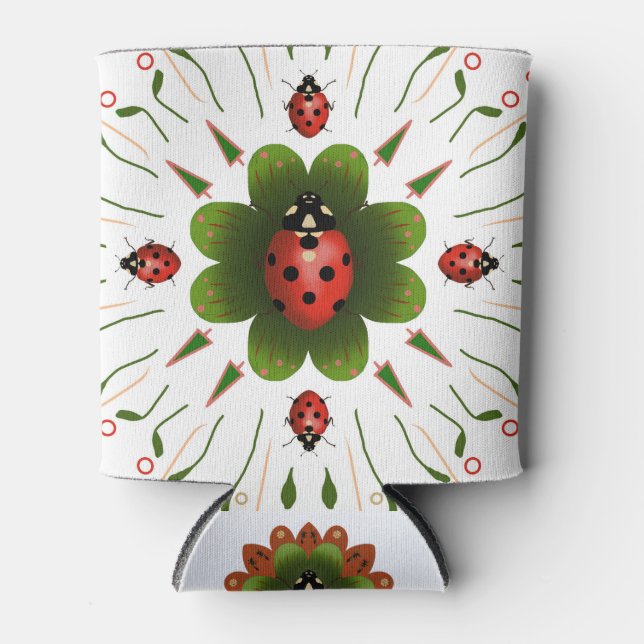 Red, white, & green ladybug design  can cooler (Front)
