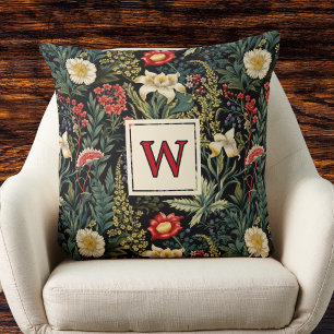 Red White Green Lilies Dahlias Floral Monogram Cushion