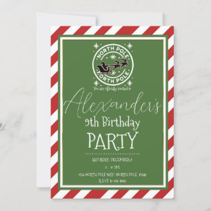 Red White Green North Pole Holiday Birthday Party Invitation