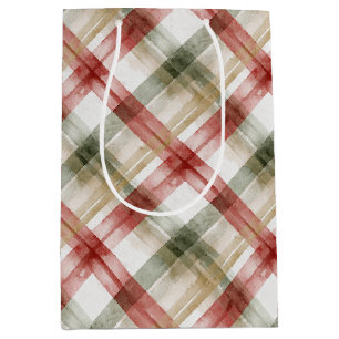 Red White Green Plaid Stripes Christmas Medium Gift Bag