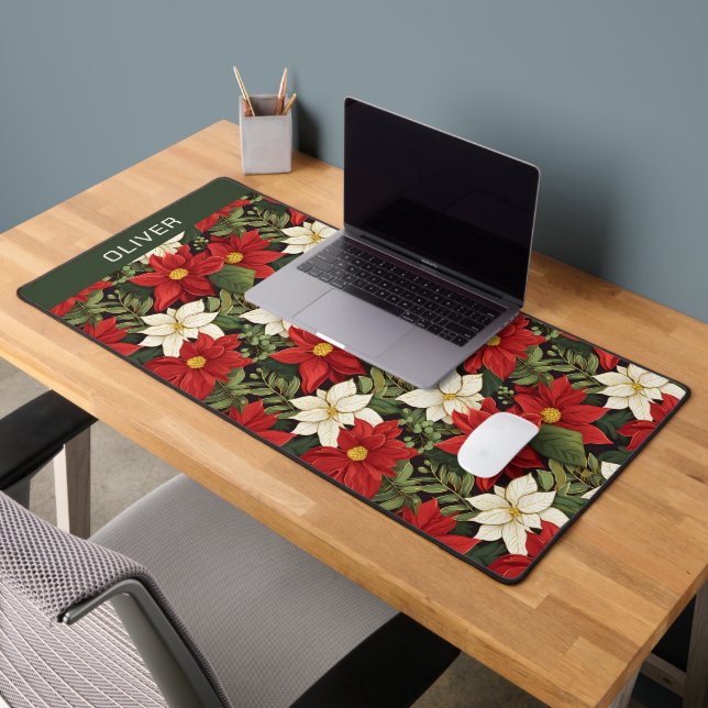Red White Green Poinsettia Flowers Pattern Name Desk Mat (Office 2)