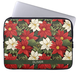 Red White Green Poinsettia Flowers Pattern Name Laptop Sleeve