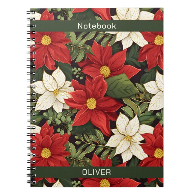 Red White Green Poinsettia Flowers Pattern name Notebook (Front)