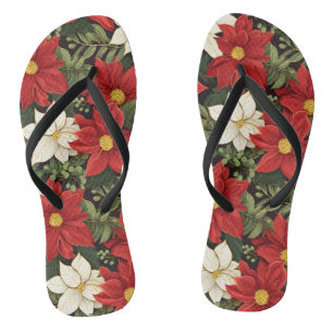 Red White Green Poinsettia Flowers Pattern Thongs