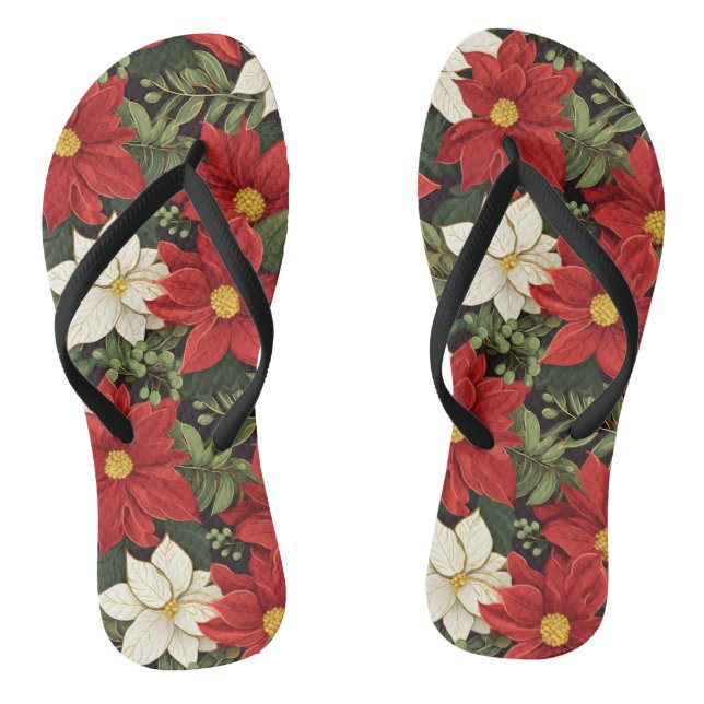 Red White Green Poinsettia Flowers Pattern Thongs (Footbed)