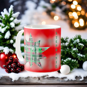Red white green script name tartan festive star  coffee mug