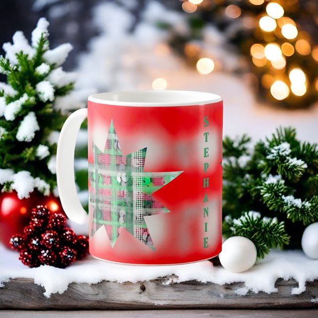 Red white green script name tartan festive star  coffee mug (Creator Uploaded)
