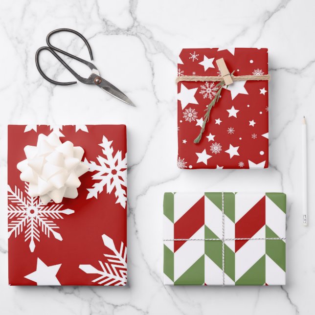 RED WHITE GREEN SNOWFLAKES STARS STRIPES WRAPPING PAPER SHEET (Front)