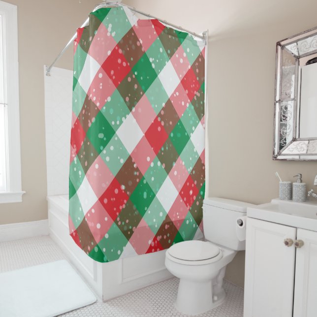Red White Green Snowy Christmas Pattern  Shower Curtain (In Situ)