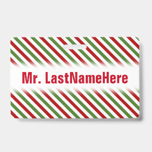 Red, White & Green Striped Pattern + Teacher Name ID Badge