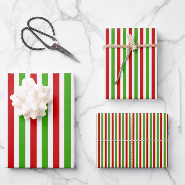 Red White Green Stripes Pattern Christmas Wrapping Paper Sheet (Front)