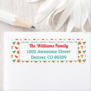 Red White Green Text Holly Bell Stocking Pattern Return Address Label