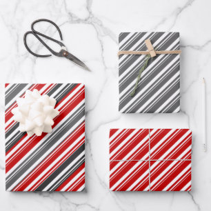 Red White Grey Candy Cane Stripe Holiday Wrapping Paper Sheet