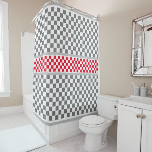 Red White Grey Chequered Shower Curtain