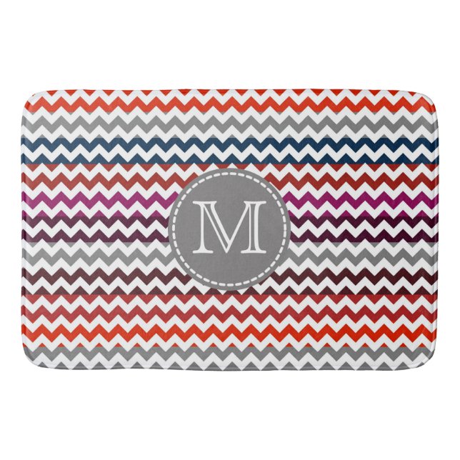 Red White Grey Chevron Zigzag Monogram Bath Mat (Front)