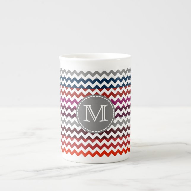 Red White Grey Chevron Zigzag Monogram Bone China Mug (Front)