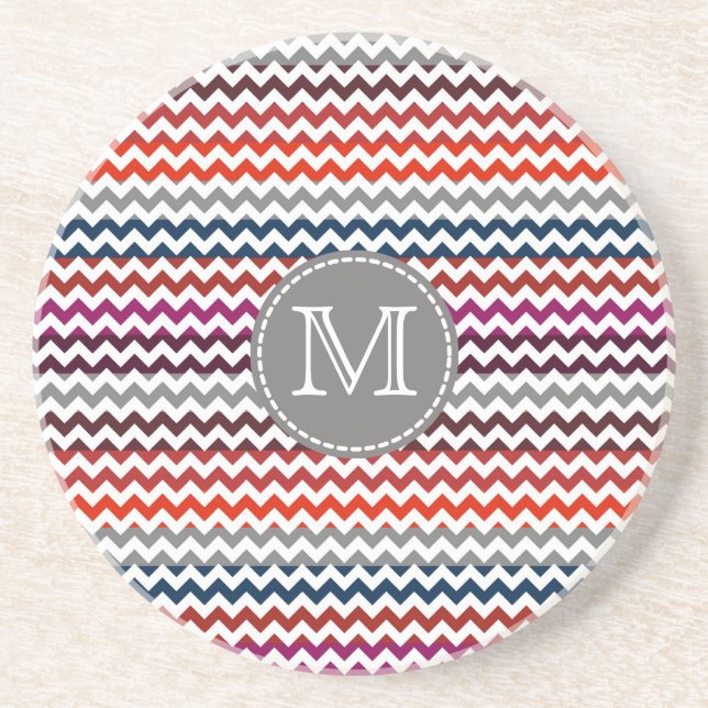 Red White Grey Chevron Zigzag Monogram Coaster (Front)