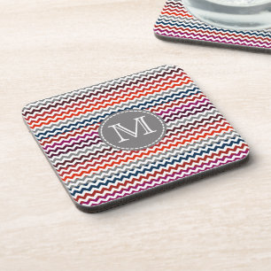 Red White Grey Chevron Zigzag Monogram Coaster