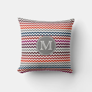 Red White Grey Chevron Zigzag Monogram Cushion