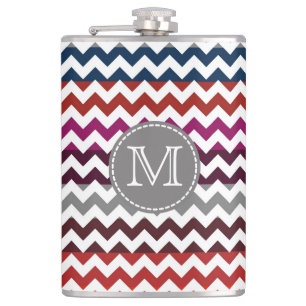 Red White Grey Chevron Zigzag Monogram Hip Flask