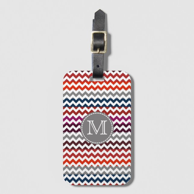 Red White Grey Chevron Zigzag Monogram Luggage Tag (Front Vertical)