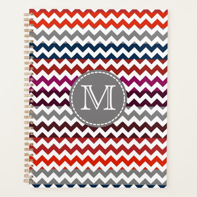 Red White Grey Chevron Zigzag Monogram Planner (Front)