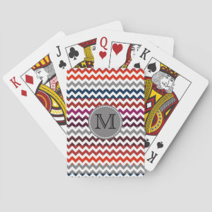 Red White Grey Chevron Zigzag Monogram Playing Cards
